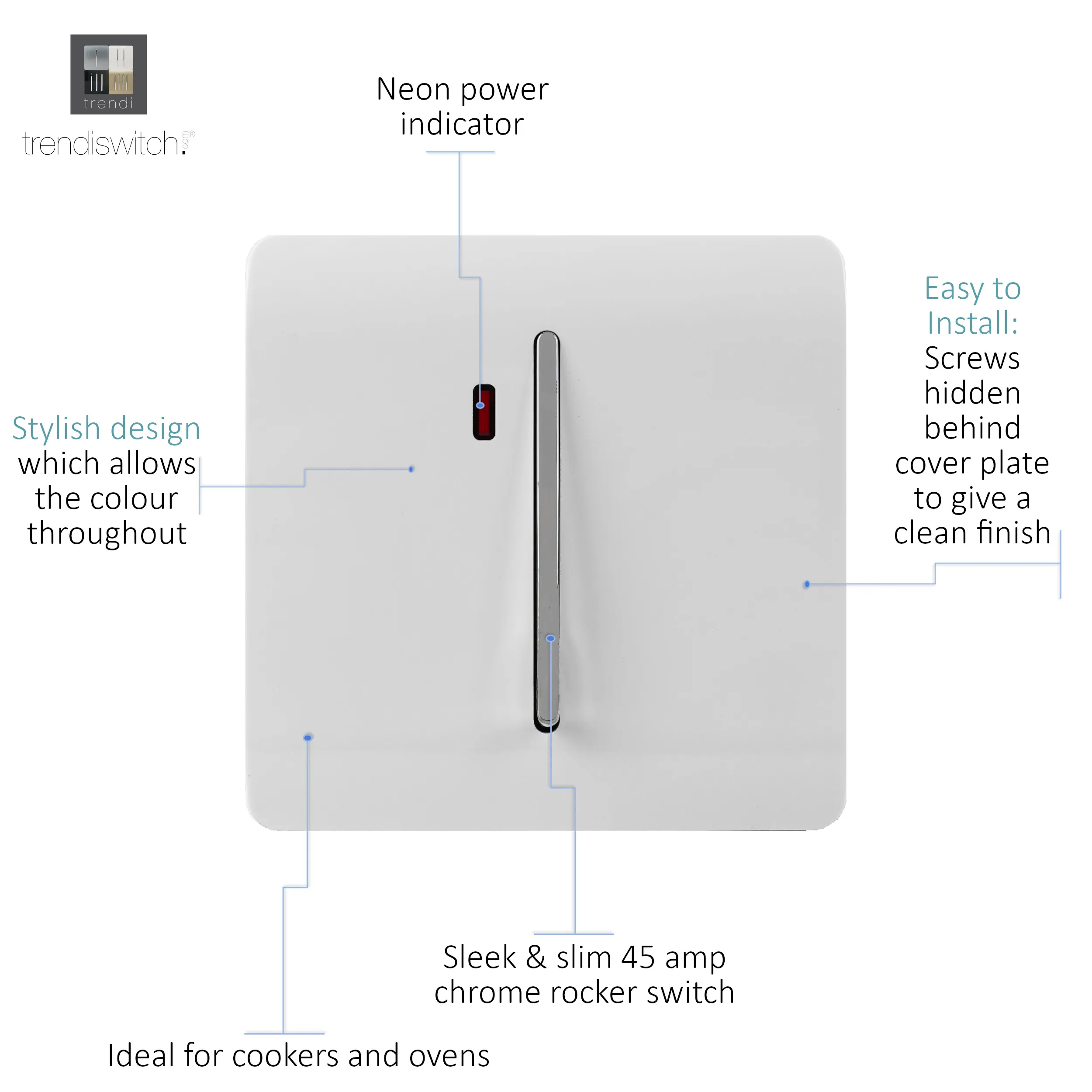 20 Amp Neon Insert Double Pole Switch Ice White ART-WHS1WH  Trendi Ice White